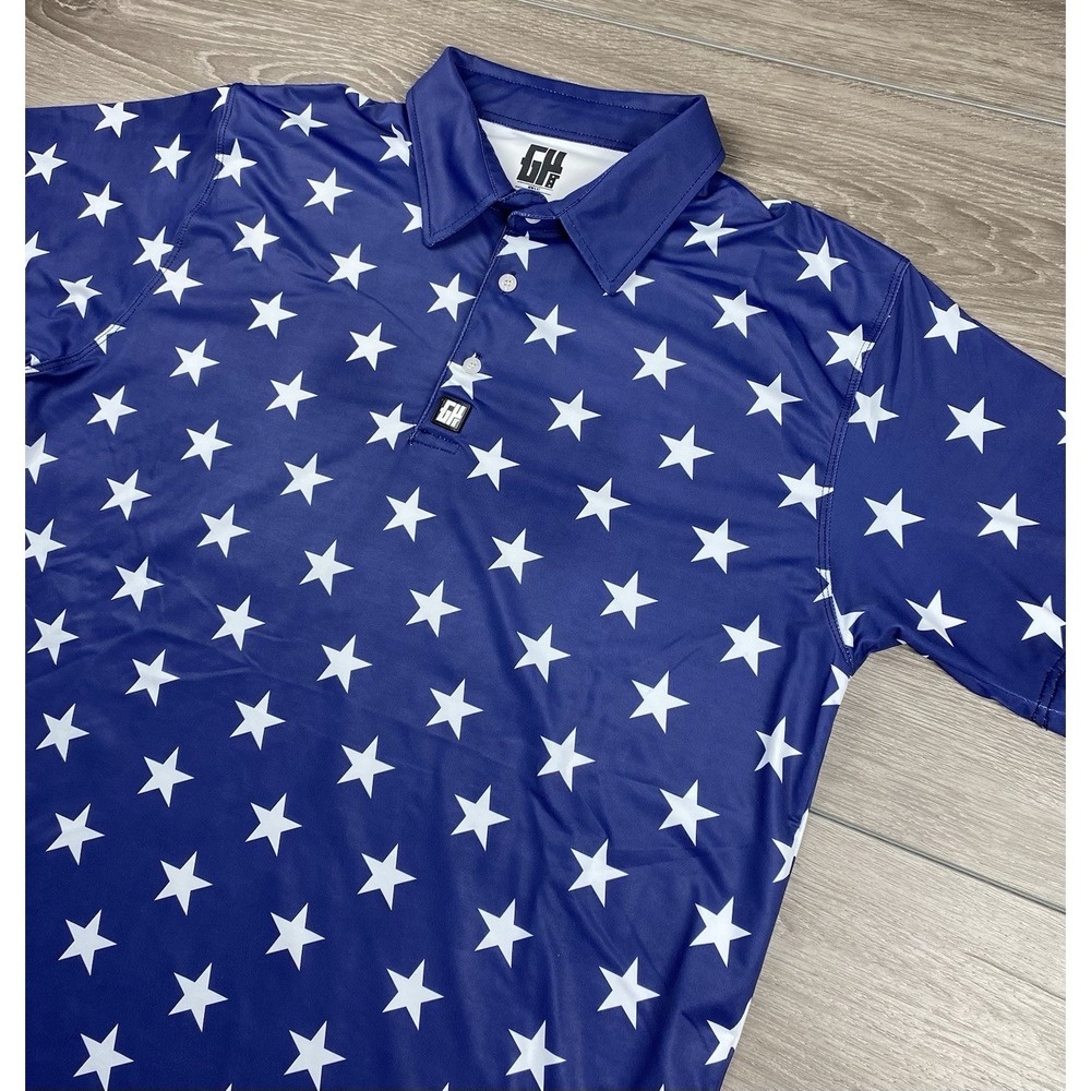 Greater Half Men's Short Sleeve Patriotic Star Pattern Golf Polo Blue Size Large